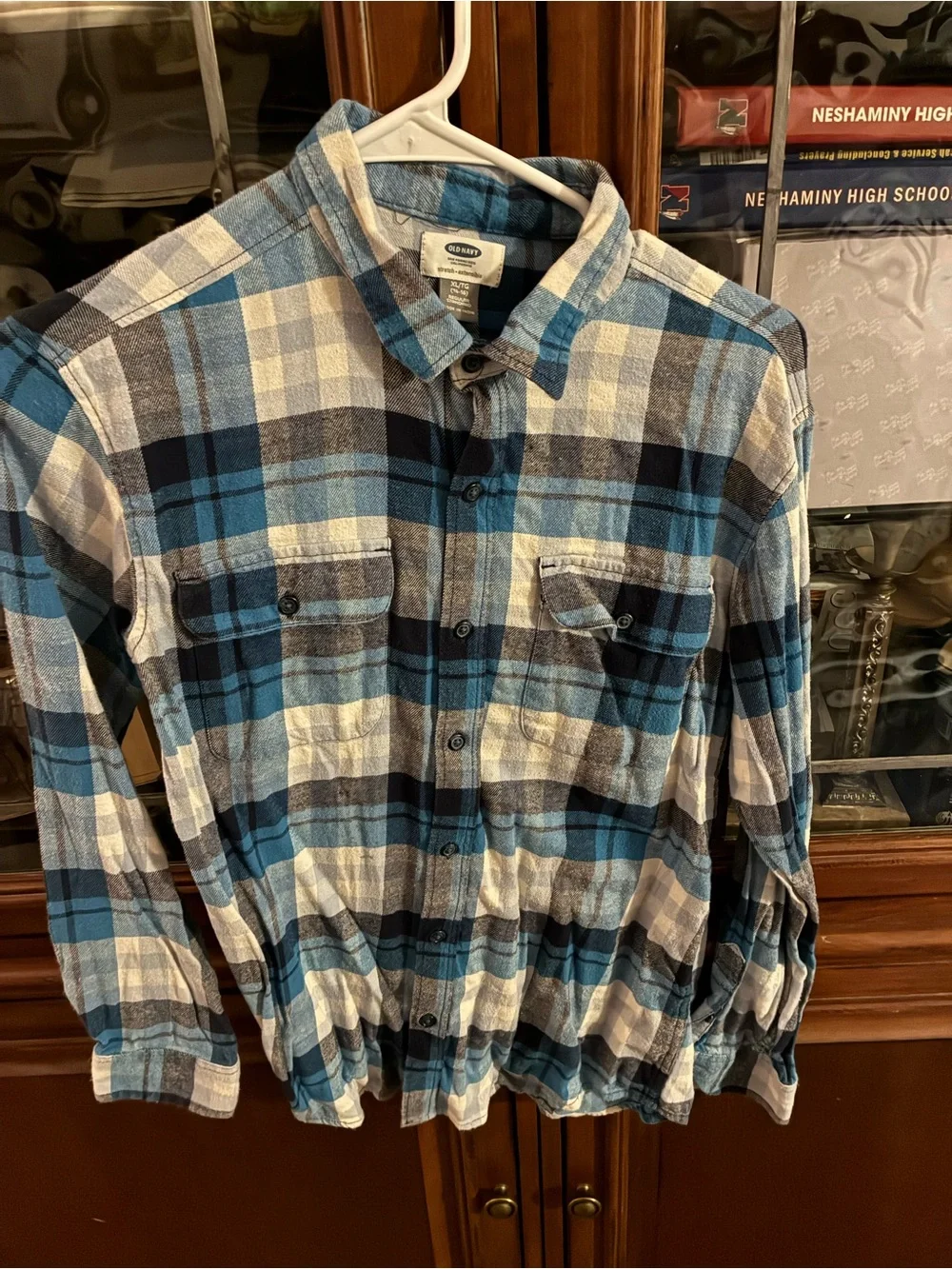 Old Navy Blue Plaid Flannel Button-Up Shirt Big Boy 14-16